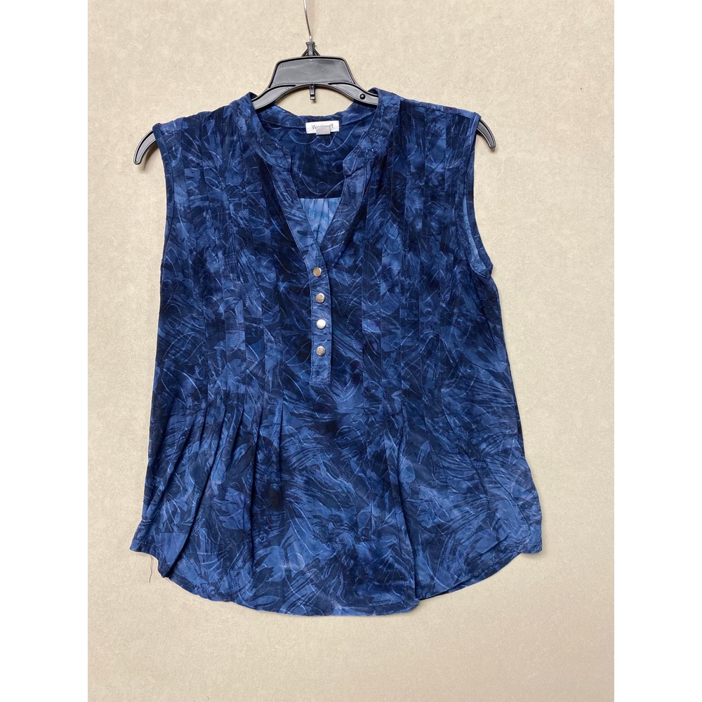 Westport Blue Abstract Embroidered Sleeveless Pintuck Blouse Petite M